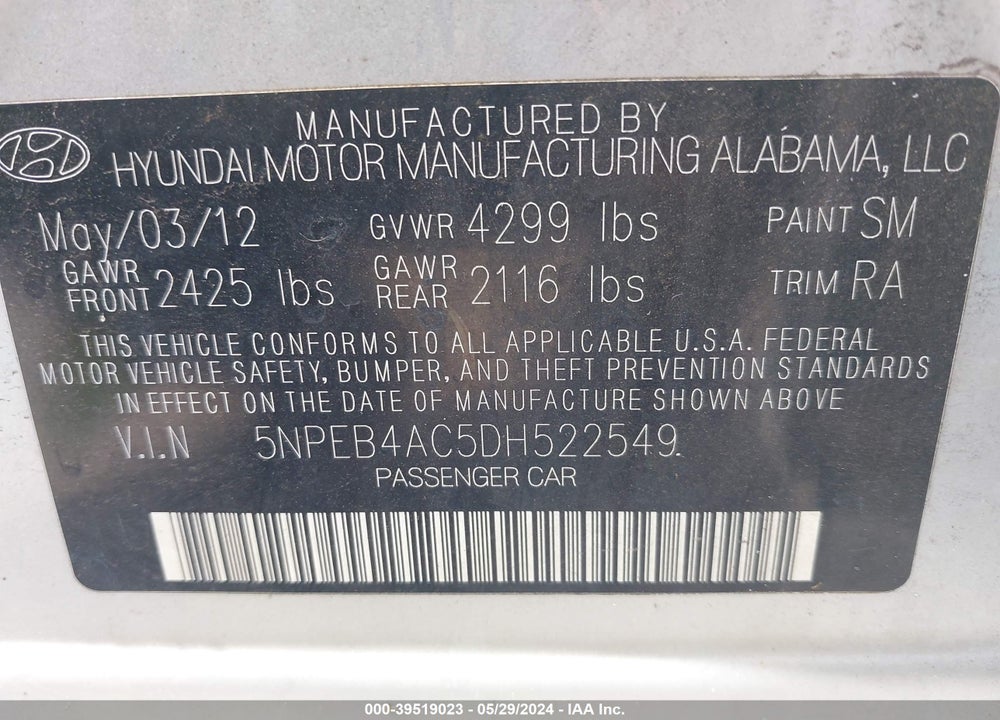 2013 HYUNDAI SONATA GLS VIN: 5NPEB4AC5DH522549