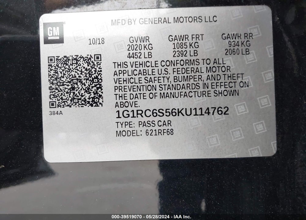 2019 CHEVROLET VOLT LT VIN: 1G1RC6S56KU114762