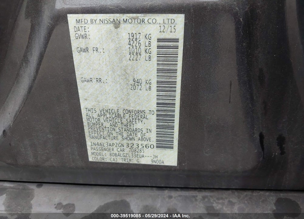 2016 NISSAN ALTIMA 2.5 S VIN: 1N4AL3AP2GN323560