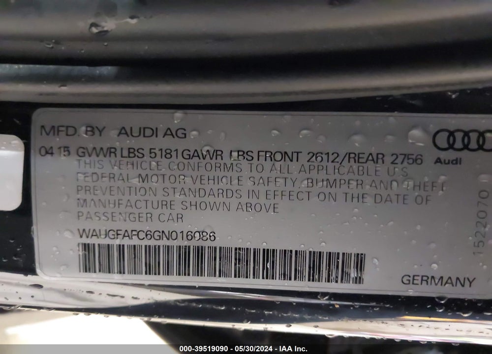2016 AUDI A6 2.0T PREMIUM PLUS VIN: WAUGFAFC6GN016086