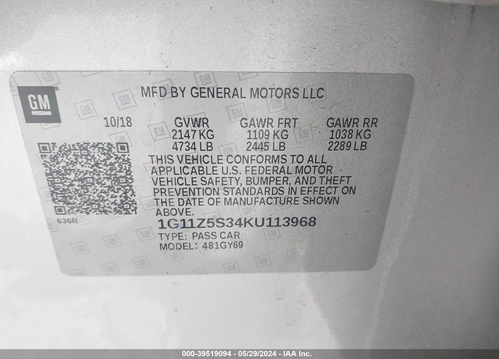 2019 CHEVROLET IMPALA LT VIN: 1G11Z5S34KU113968