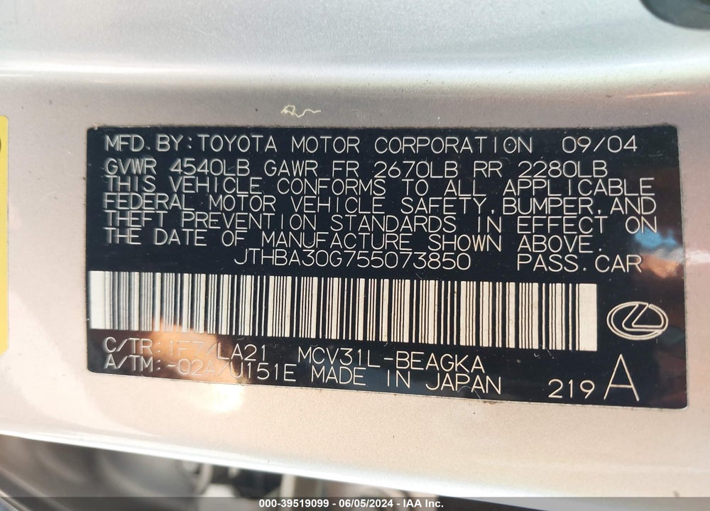 2005 LEXUS ES 330 VIN: JTHBA30G755073850