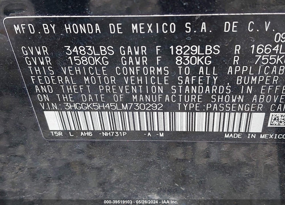 2020 HONDA FIT LX VIN: 3HGGK5H45LM730292
