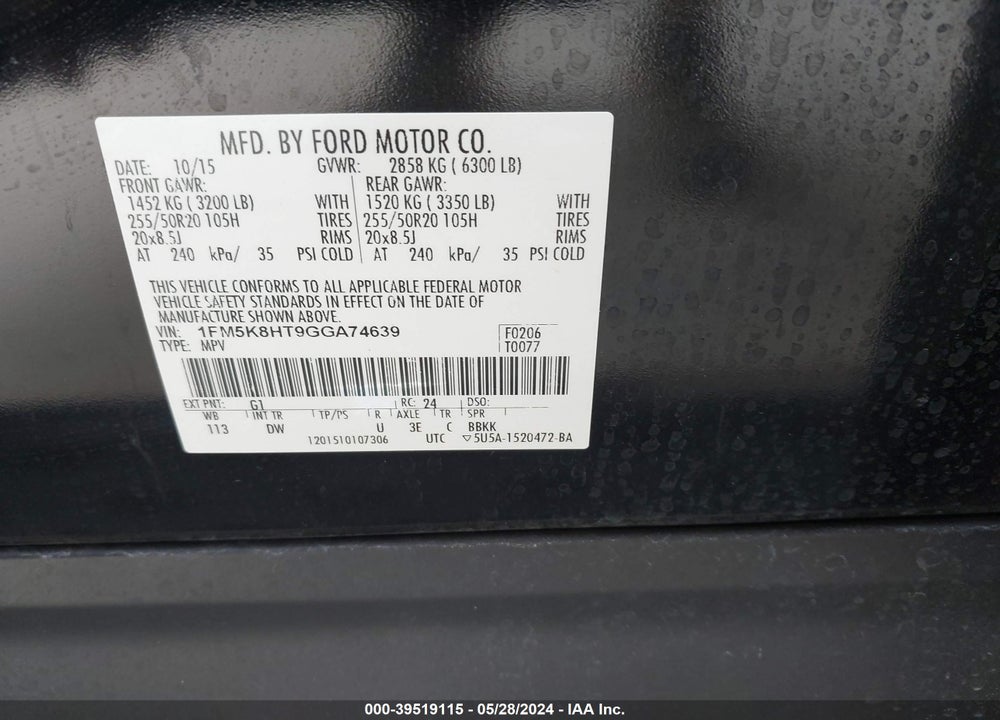 2016 FORD EXPLORER PLATINUM VIN: 1FM5K8HT9GGA74639