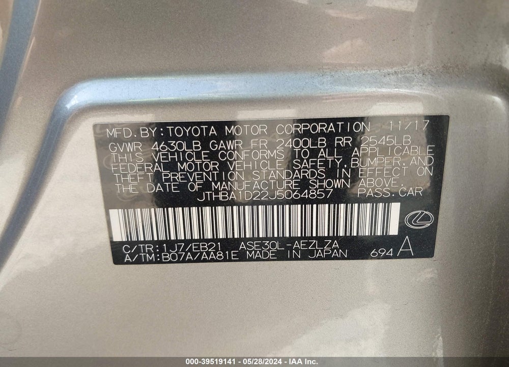 2018 LEXUS IS 300 VIN: JTHBA1D22J5064857