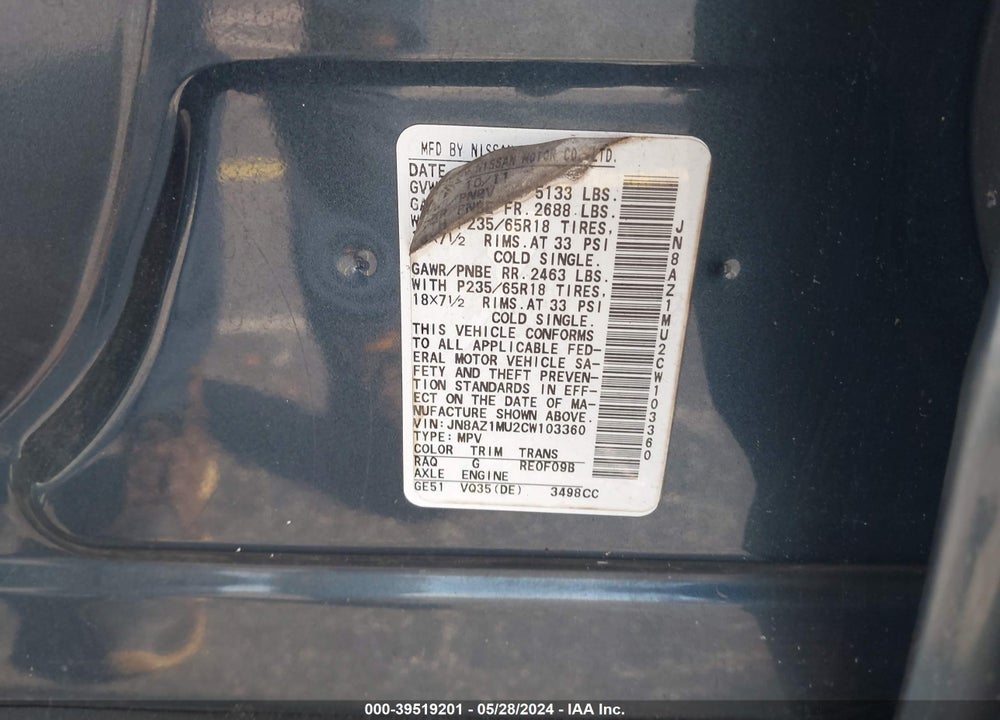2012 NISSAN MURANO S VIN: JN8AZ1MU2CW103360