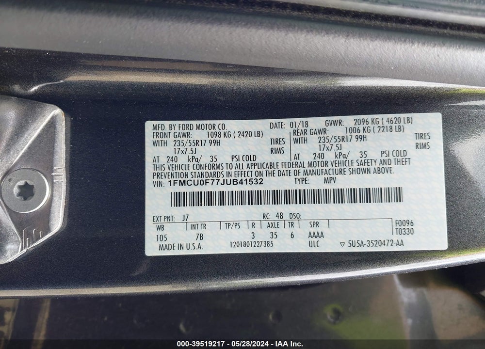 2018 FORD ESCAPE S VIN: 1FMCU0F77JUB41532