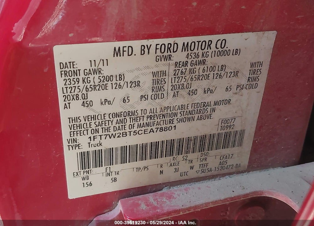 2012 FORD F-250 LARIAT VIN: 1FT7W2BT5CEA78801