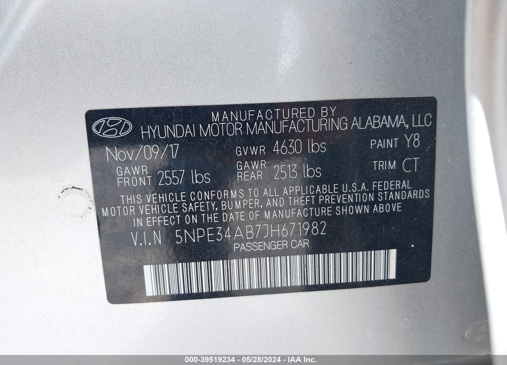 2018 HYUNDAI SONATA SPORT 2.0T VIN: 5NPE34AB7JH671982