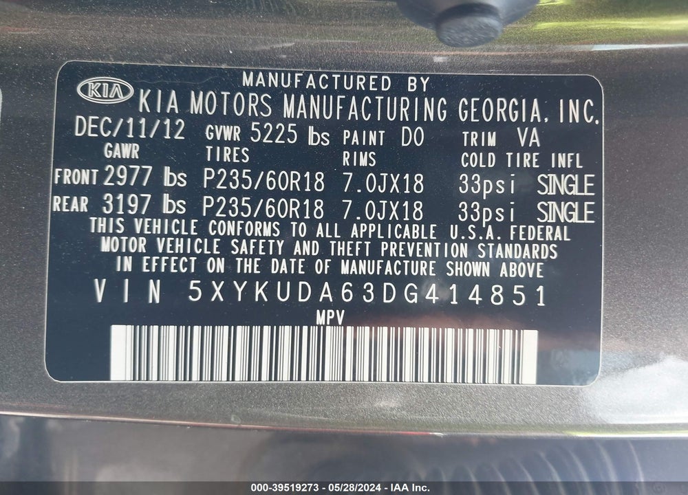 2013 KIA SORENTO EX VIN: 5XYKUDA63DG414851