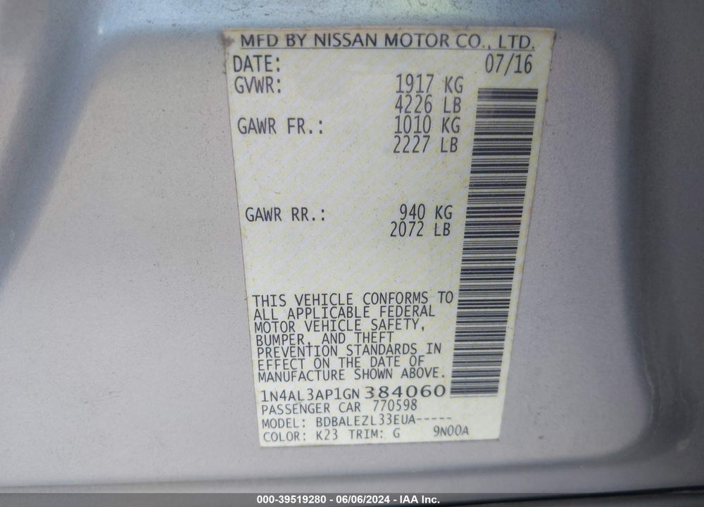 2016 NISSAN ALTIMA 2.5 S VIN: 1N4AL3AP1GN384060