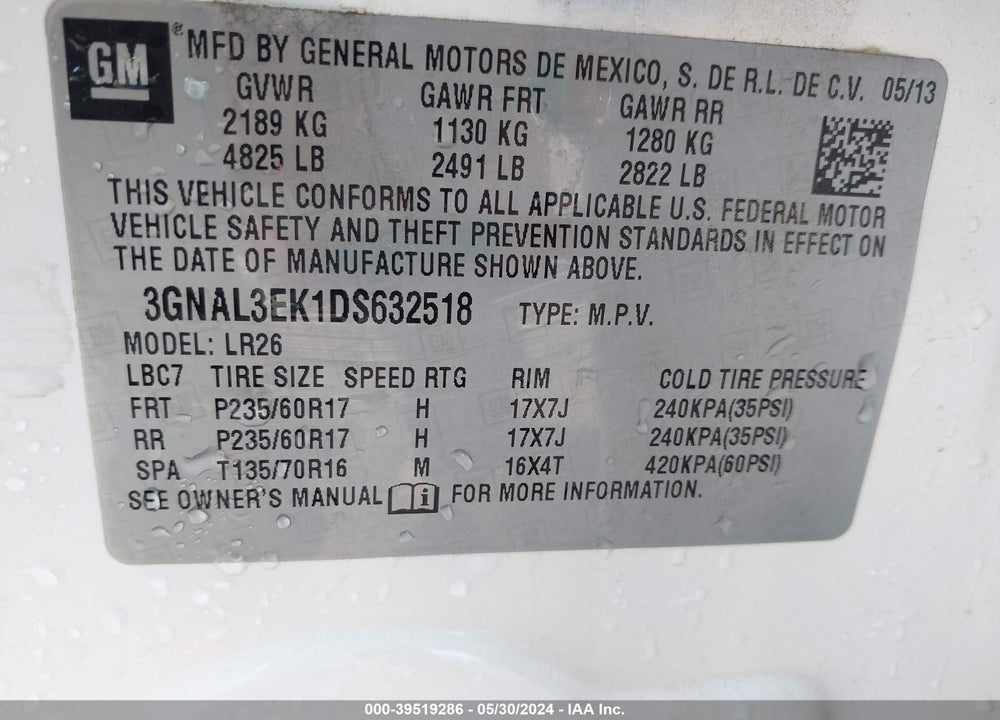 2013 CHEVROLET CAPTIVA SPORT LT VIN: 3GNAL3EK1DS632518
