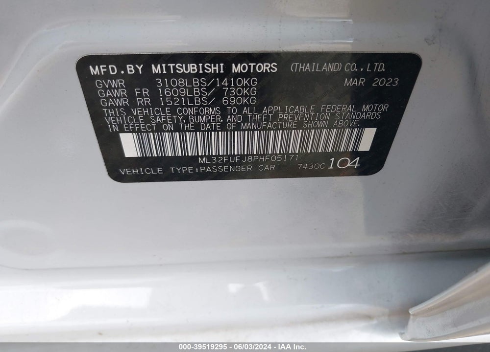 2023 MITSUBISHI MIRAGE G4 ES VIN: ML32FUFJ8PHF05171