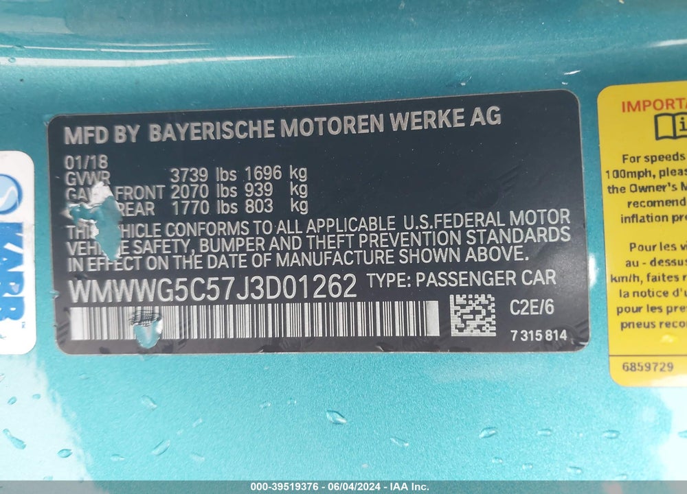 2018 MINI CONVERTIBLE COOPER VIN: WMWWG5C57J3D01262