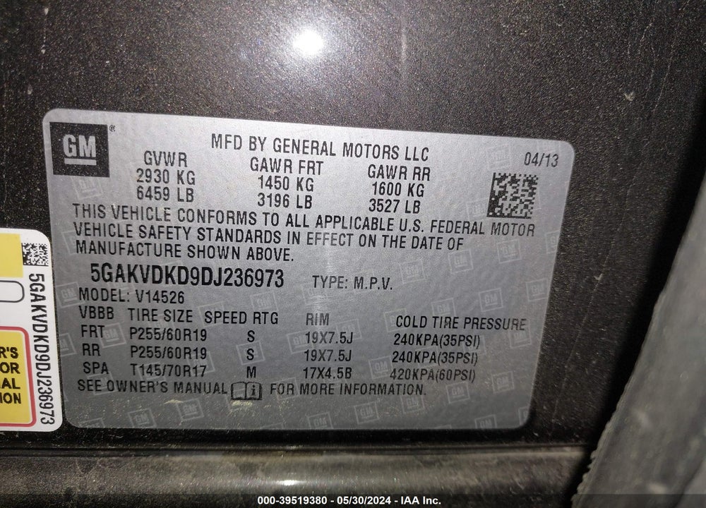 2013 BUICK ENCLAVE PREMIUM VIN: 5GAKVDKD9DJ236973