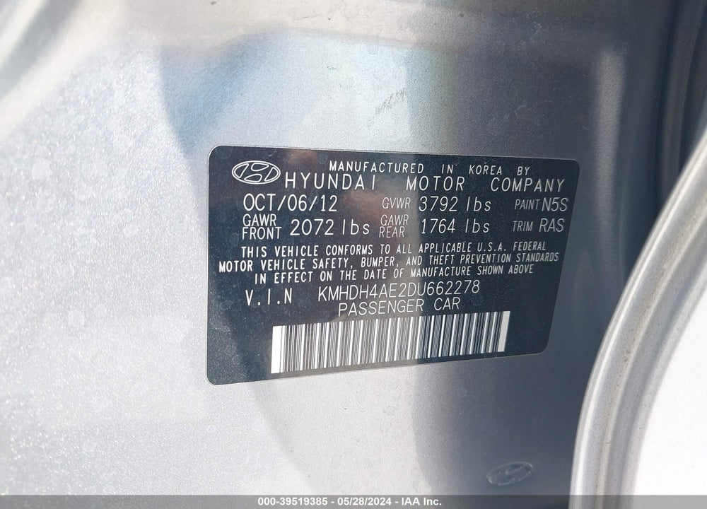 2013 HYUNDAI ELANTRA LIMITED VIN: KMHDH4AE2DU662278