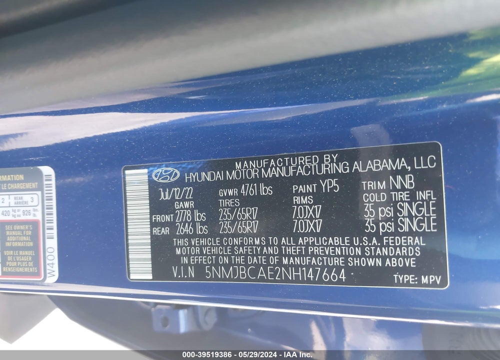 2022 HYUNDAI TUCSON SEL VIN: 5NMJBCAE2NH147664