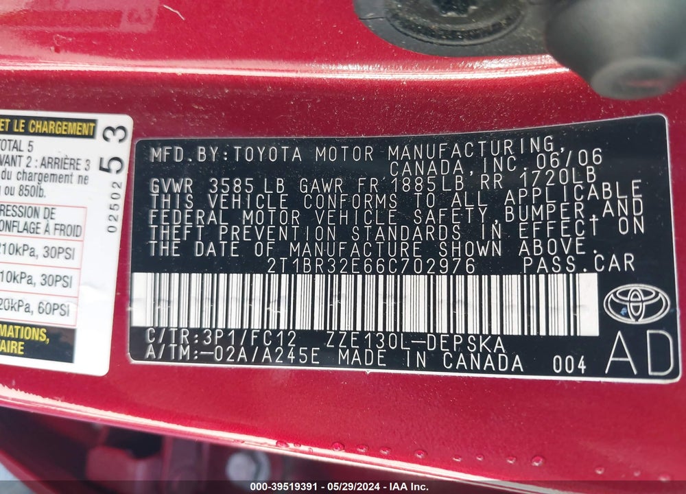 2006 TOYOTA COROLLA S VIN: 2T1BR32E66C702976