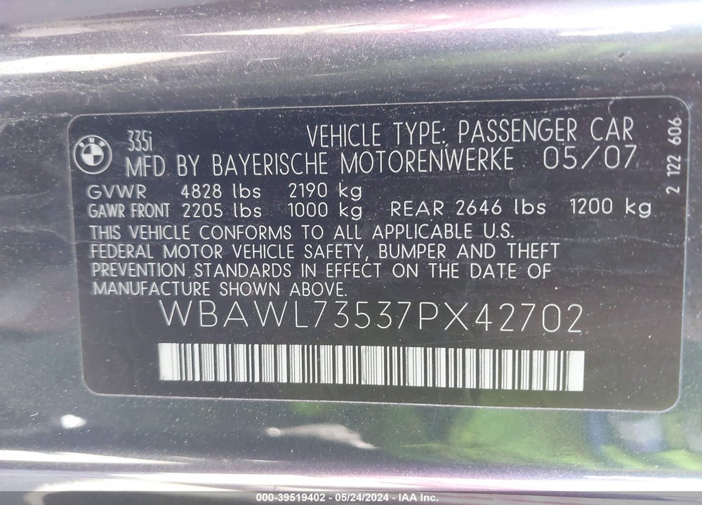 2007 BMW 335I VIN: WBAWL73537PX42702