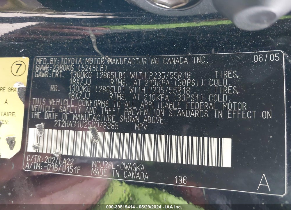 2005 LEXUS RX 330 VIN: 2T2HA31U25C078985