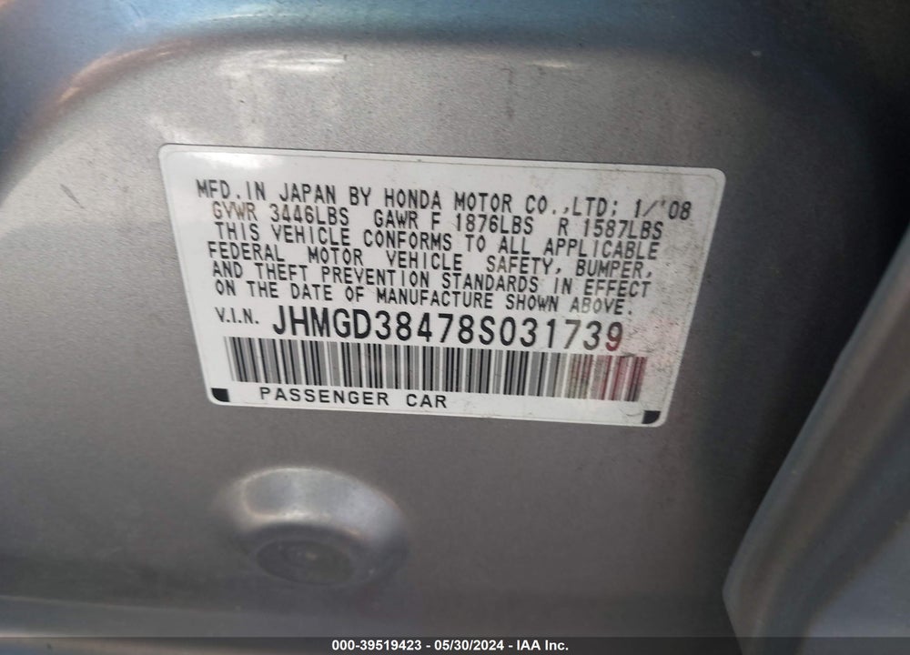 2008 HONDA FIT VIN: JHMGD38478S031739