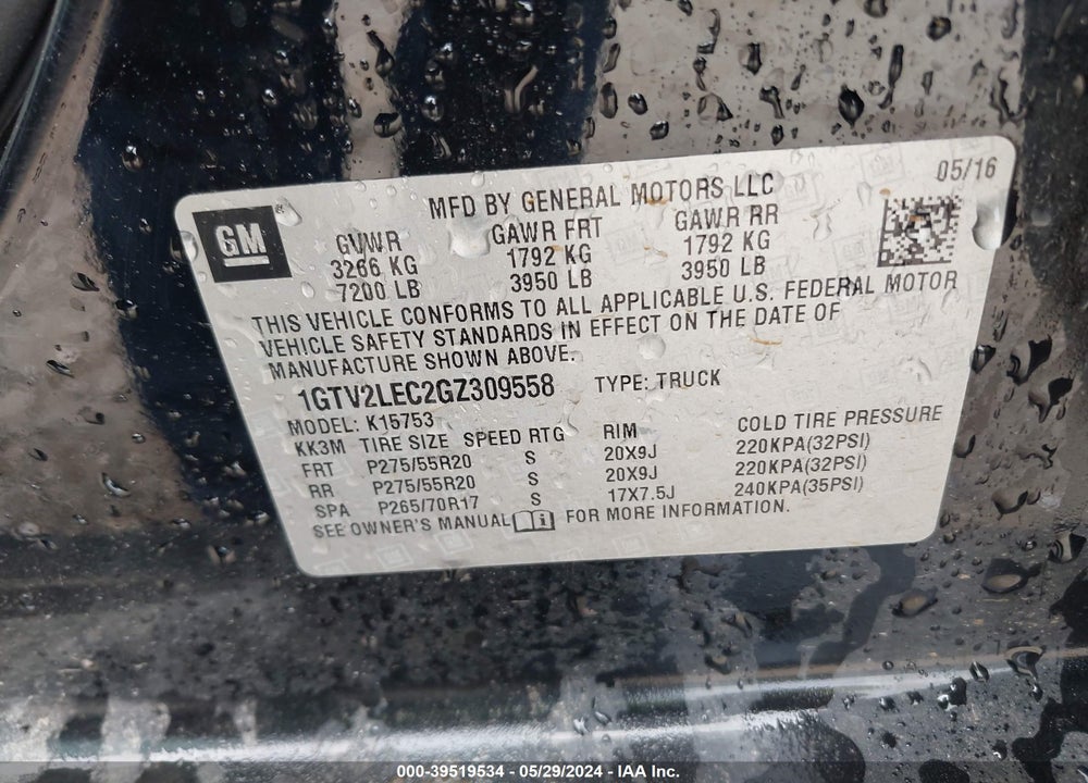 2016 GMC SIERRA 1500 VIN: 1GTV2LEC2GZ309558