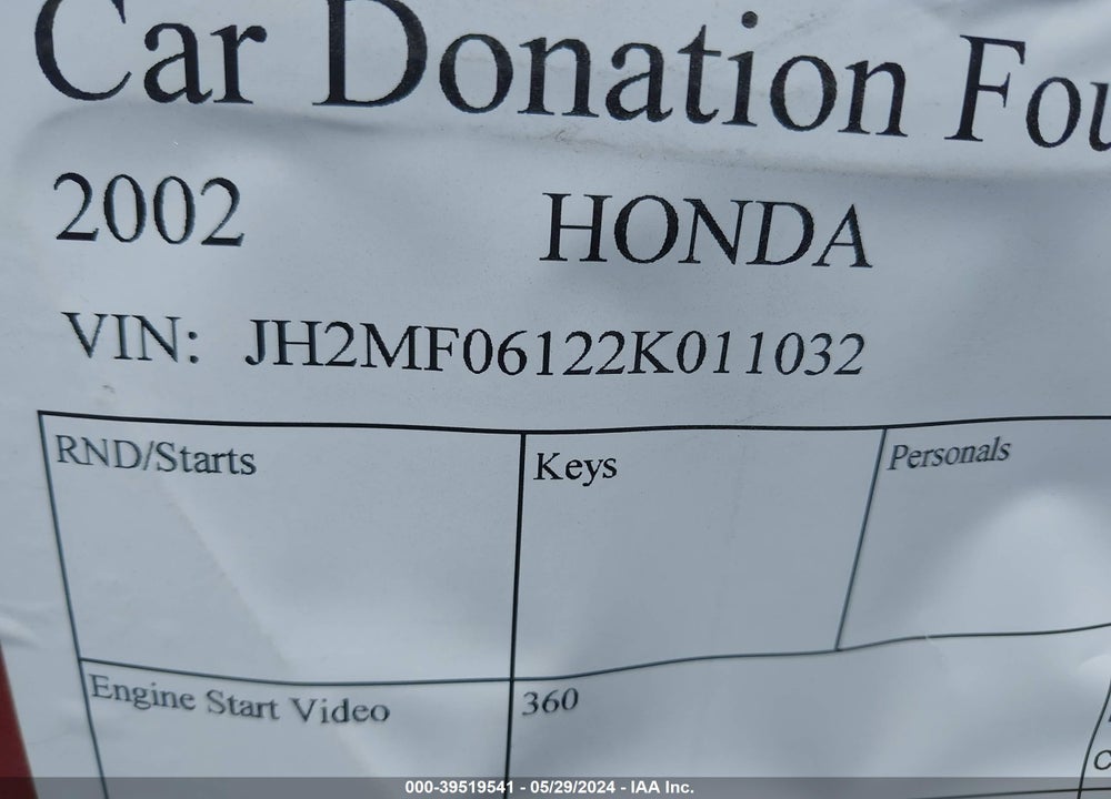 2002 HONDA NSS250 VIN: JH2MF06122K011032