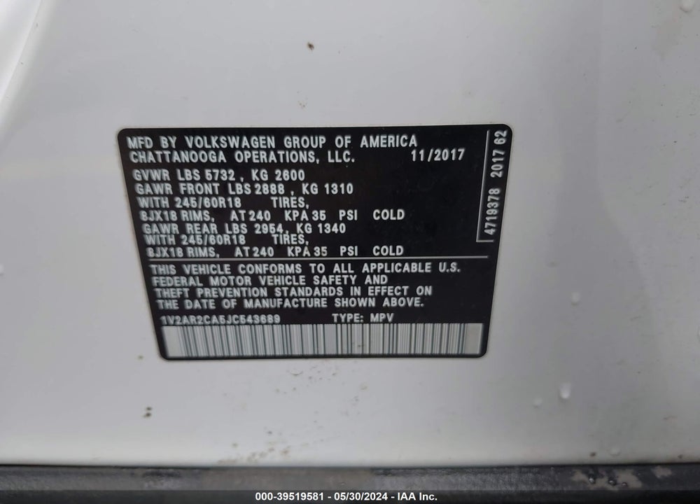 2018 VOLKSWAGEN ATLAS 3.6L V6 S VIN: 1V2AR2CA5JC543689