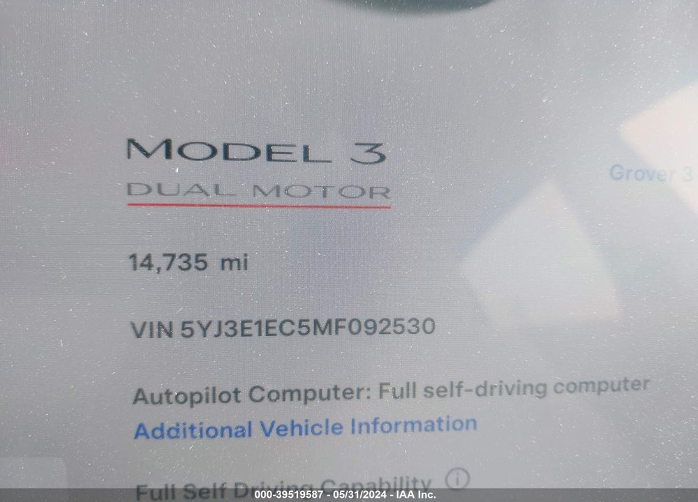 2021 TESLA MODEL 3 PERFORMANCE DUAL MOTOR ALL-WHEEL DRIVE VIN: 5YJ3E1EC5MF092530