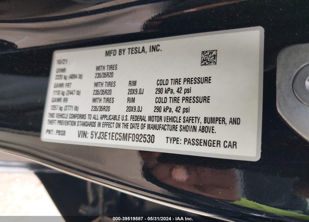 2021 TESLA MODEL 3 PERFORMANCE DUAL MOTOR ALL-WHEEL DRIVE VIN: 5YJ3E1EC5MF092530