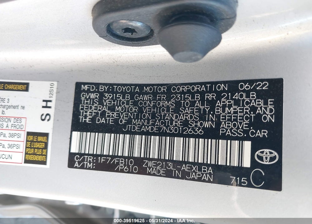 2022 TOYOTA COROLLA LE VIN: JTDEAMDE7N3012636
