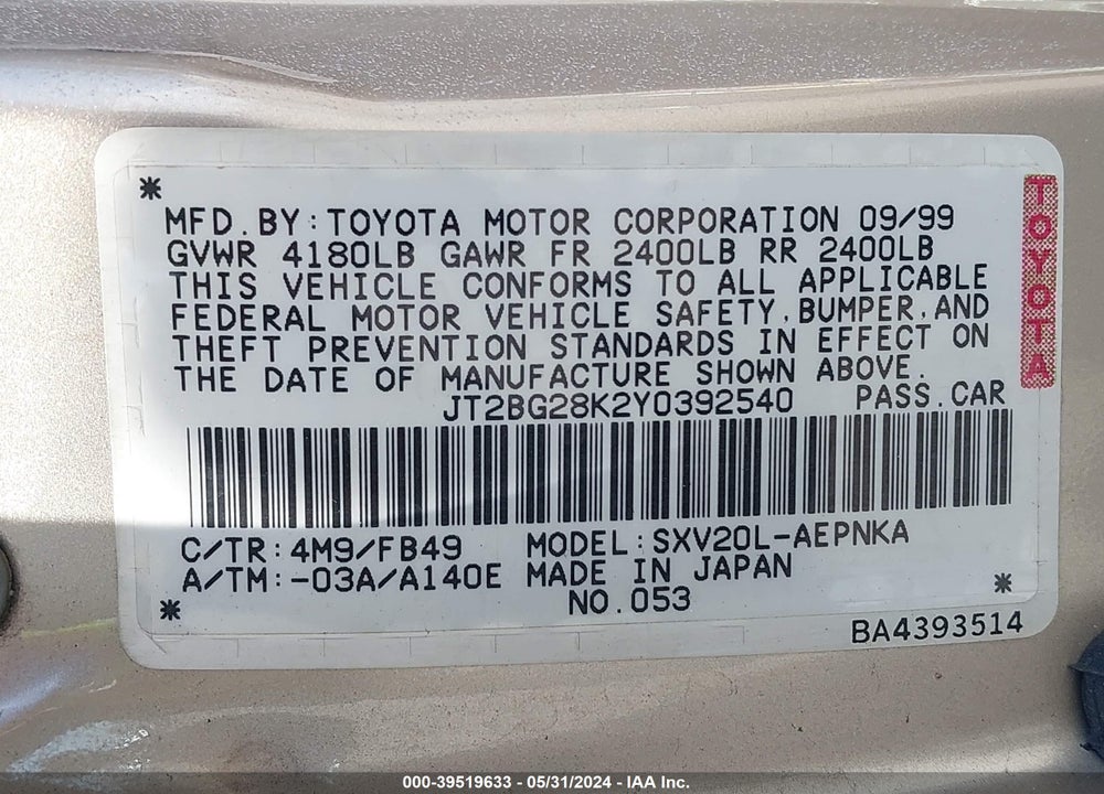 2000 TOYOTA CAMRY LE VIN: JT2BG28K2Y0392540