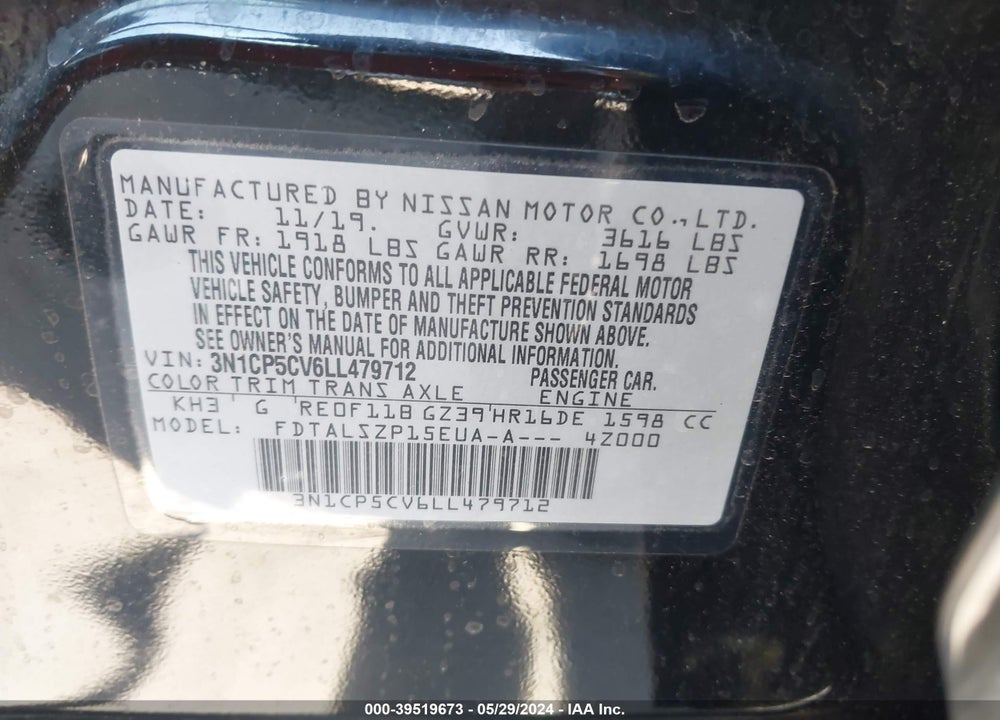 2020 NISSAN KICKS SV XTRONIC CVT VIN: 3N1CP5CV6LL479712