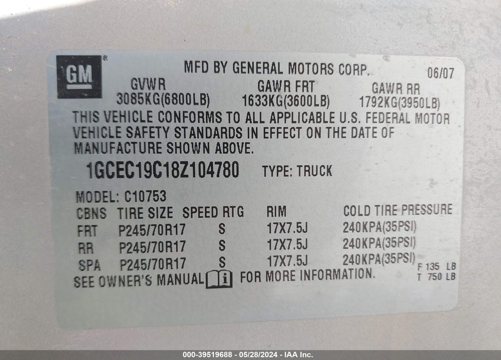 2008 CHEVROLET SILVERADO 1500 LT1 VIN: 1GCEC19C18Z104780