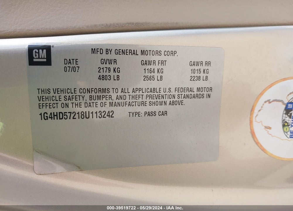 2008 BUICK LUCERNE CXL VIN: 1G4HD57218U113242