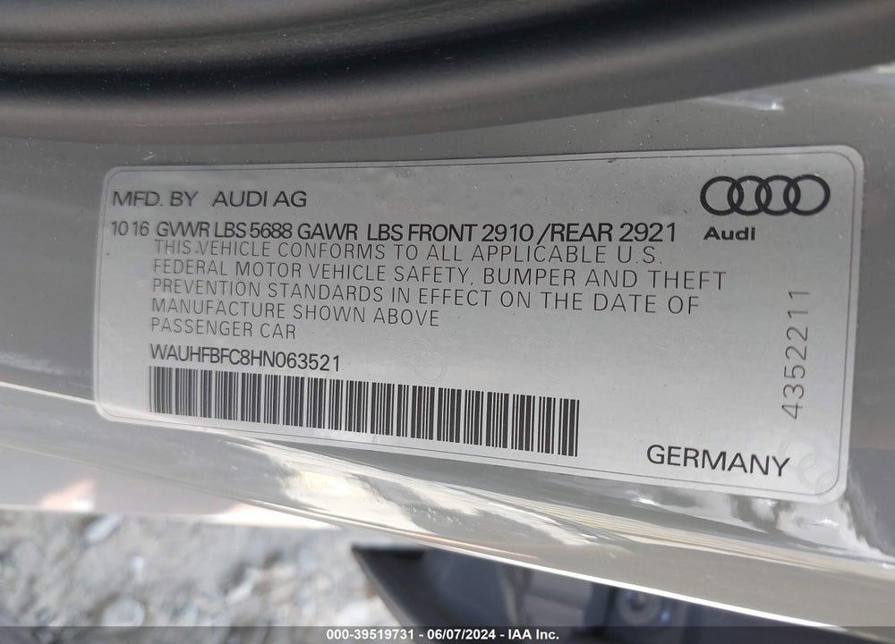 2017 AUDI S6 4.0T PREMIUM PLUS VIN: WAUHFBFC8HN063521