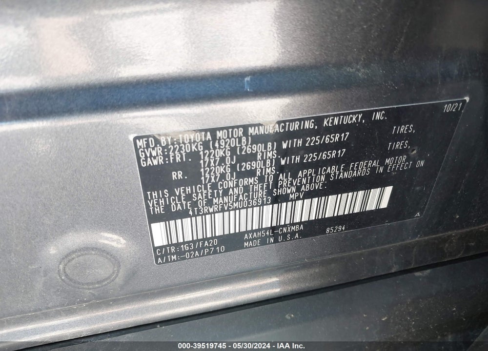 2021 TOYOTA RAV4 XLE HYBRID VIN: 4T3RWRFV5MU036913