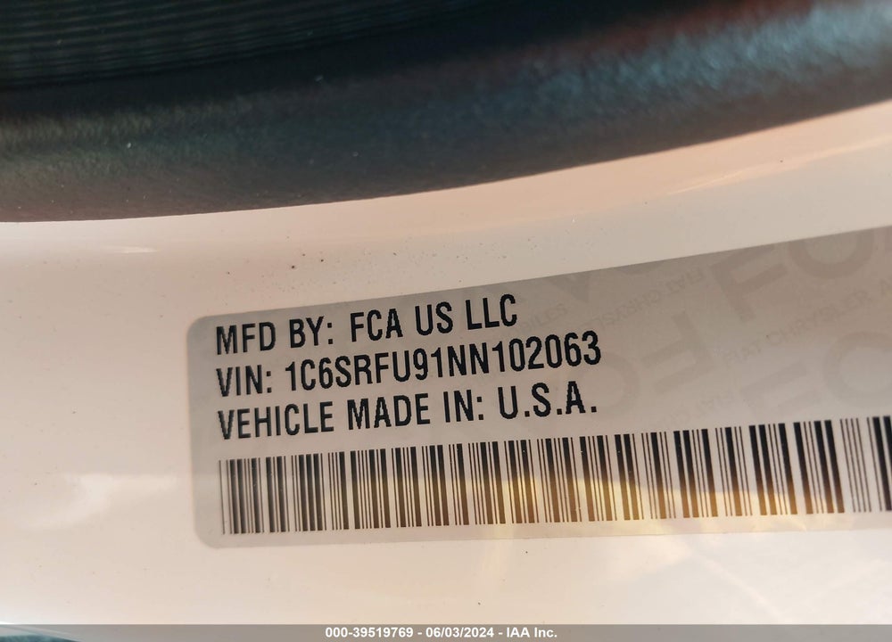 2022 RAM 1500 TRX 4X4 5'7 BOX VIN: 1C6SRFU91NN102063