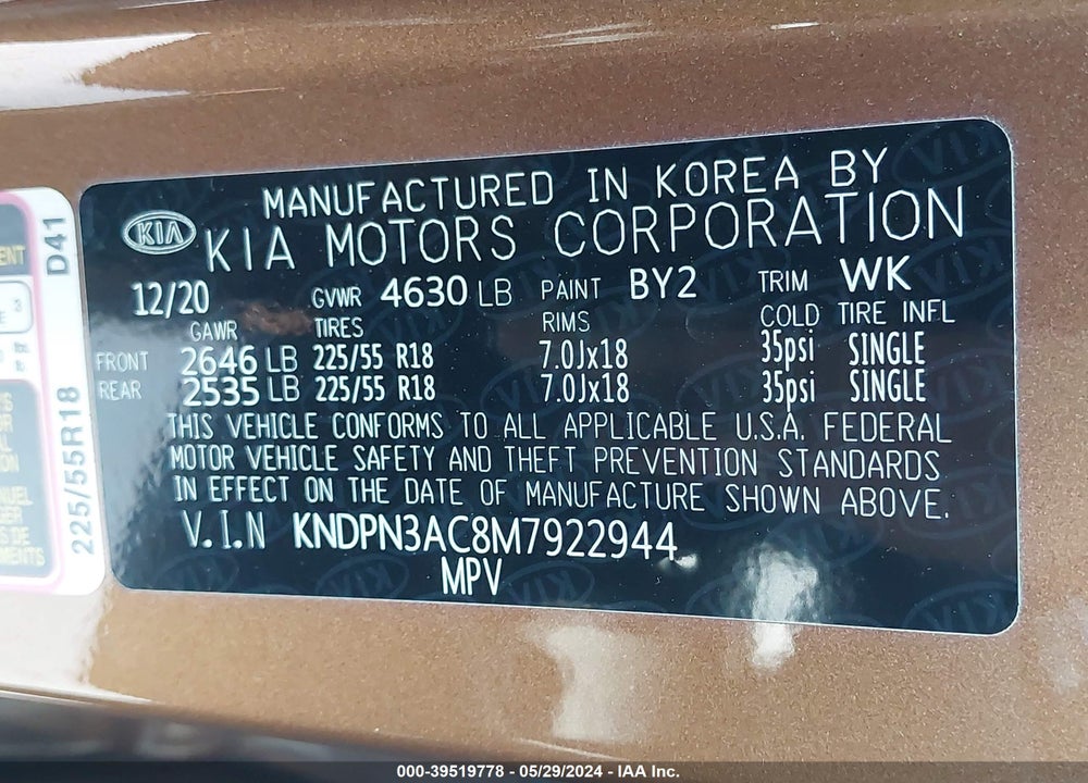 2021 KIA SPORTAGE EX VIN: KNDPN3AC8M7922944