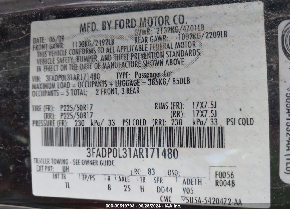 2010 FORD FUSION HYBRID VIN: 3FADP0L31AR171480