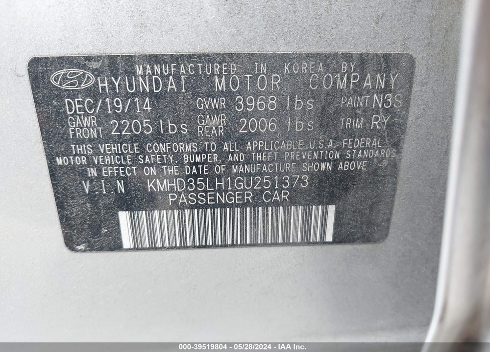 2016 HYUNDAI ELANTRA GT VIN: KMHD35LH1GU251373