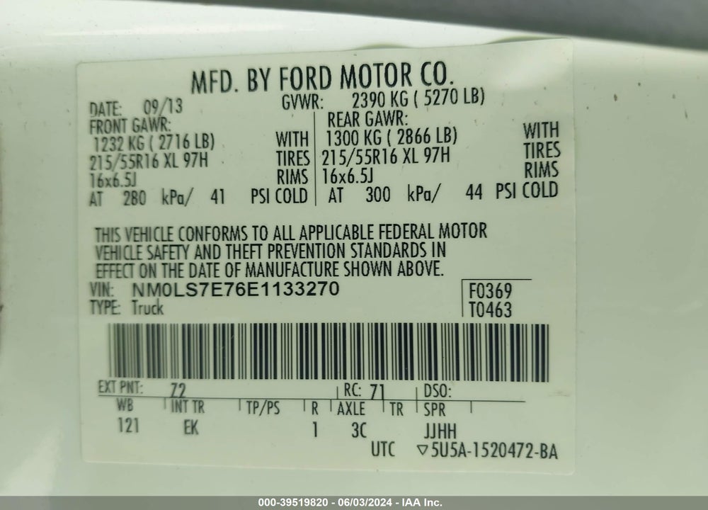 2014 FORD TRANSIT CONNECT XL VIN: NM0LS7E76E1133270
