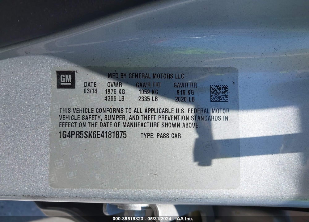 2014 BUICK VERANO CONVENIENCE GROUP VIN: 1G4PR5SK6E4181875