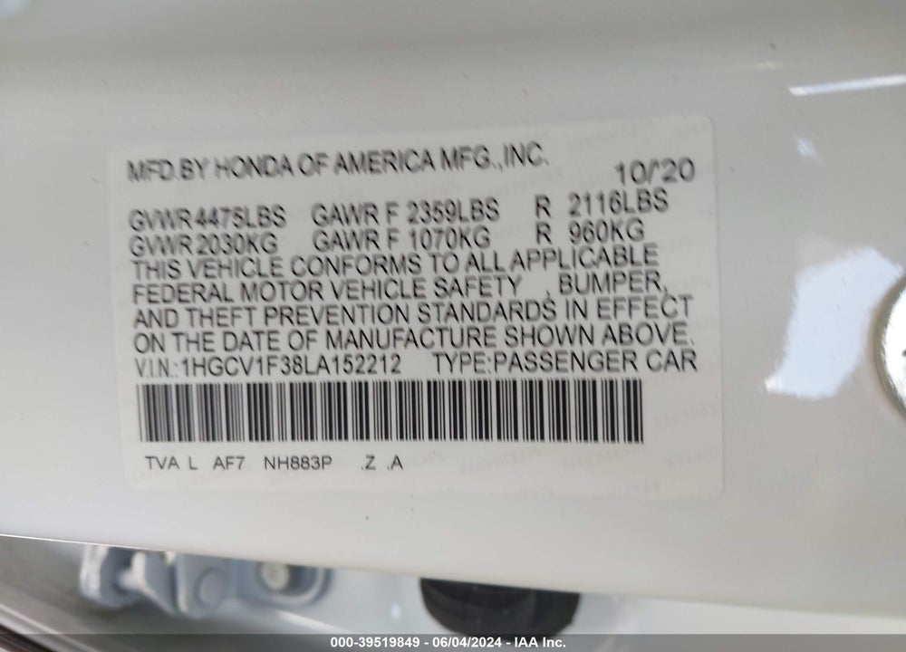 2020 HONDA ACCORD SPORT VIN: 1HGCV1F38LA152212