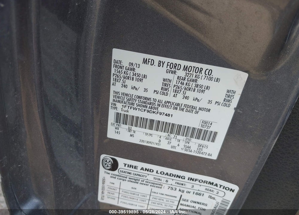 2013 FORD F-150 XLT VIN: 1FTFW1CF9DKF97481