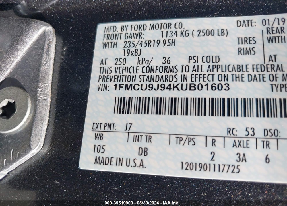2019 FORD ESCAPE TITANIUM VIN: 1FMCU9J94KUB01603