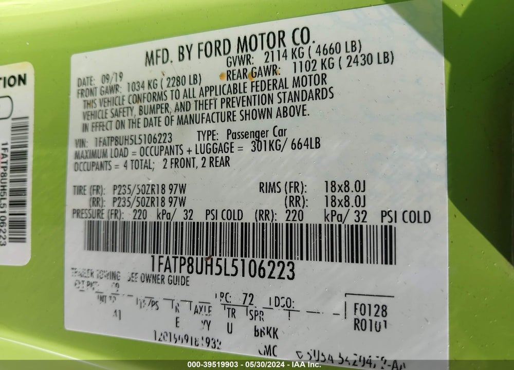 2020 FORD MUSTANG ECOBOOST PREMIUM VIN: 1FATP8UH5L5106223