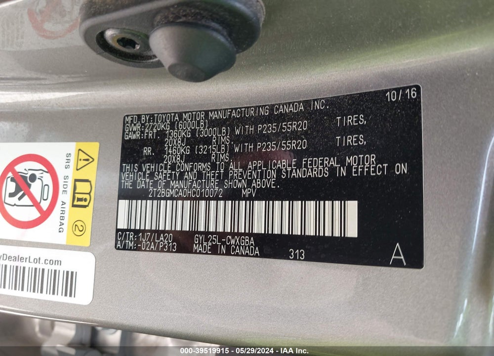 2017 LEXUS RX 450H VIN: 2T2BGMCA0HC010072