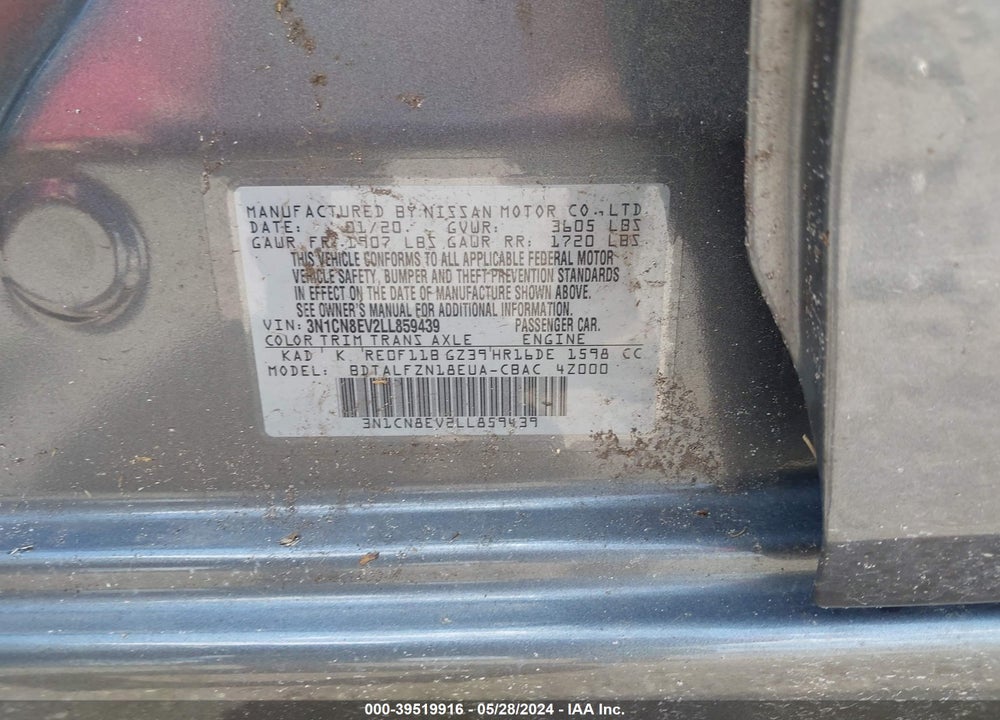2020 NISSAN VERSA SV XTRONIC CVT VIN: 3N1CN8EV2LL859439