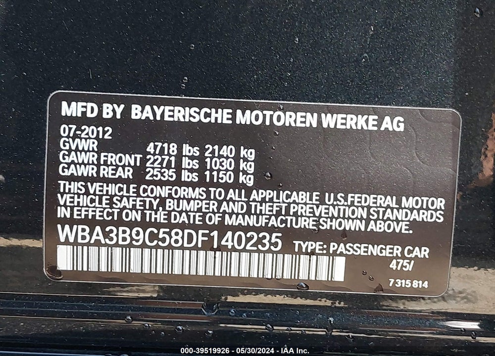 2013 BMW 335I XDRIVE VIN: WBA3B9C58DF140235